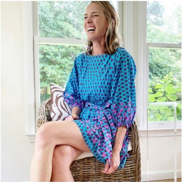 J. Crew Dolman Sleeve Mini Dress Blue Pink Cotton pockets size S festival - Picture 7 of 7